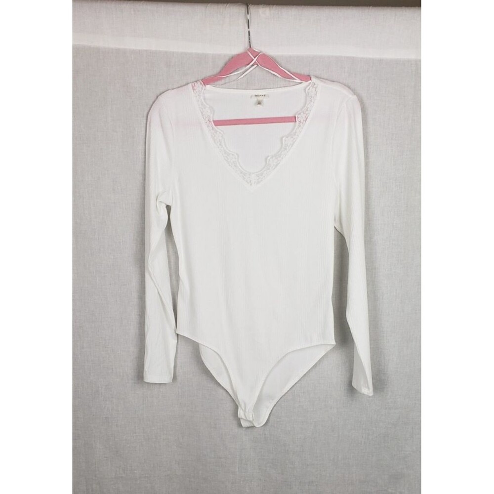 SELF E Bodysuit XL White Ribbed Lace Trim Neckline‎ Long Sleeve Casual Summer